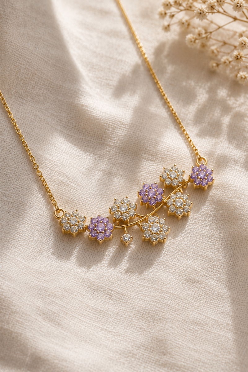 Lavender Bloom Necklace, lilac and clear cubic zirconia floral bar in gold-tone stainless steel