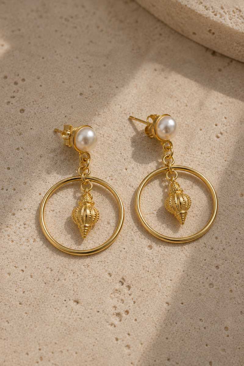 Seashell Pearl Drop Earrings, pearl stud with gold-tone hoop and conch shell charm