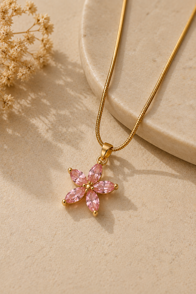 Pink Blossom Necklace, pink and clear cubic zirconia floral bar in gold-tone stainless steel