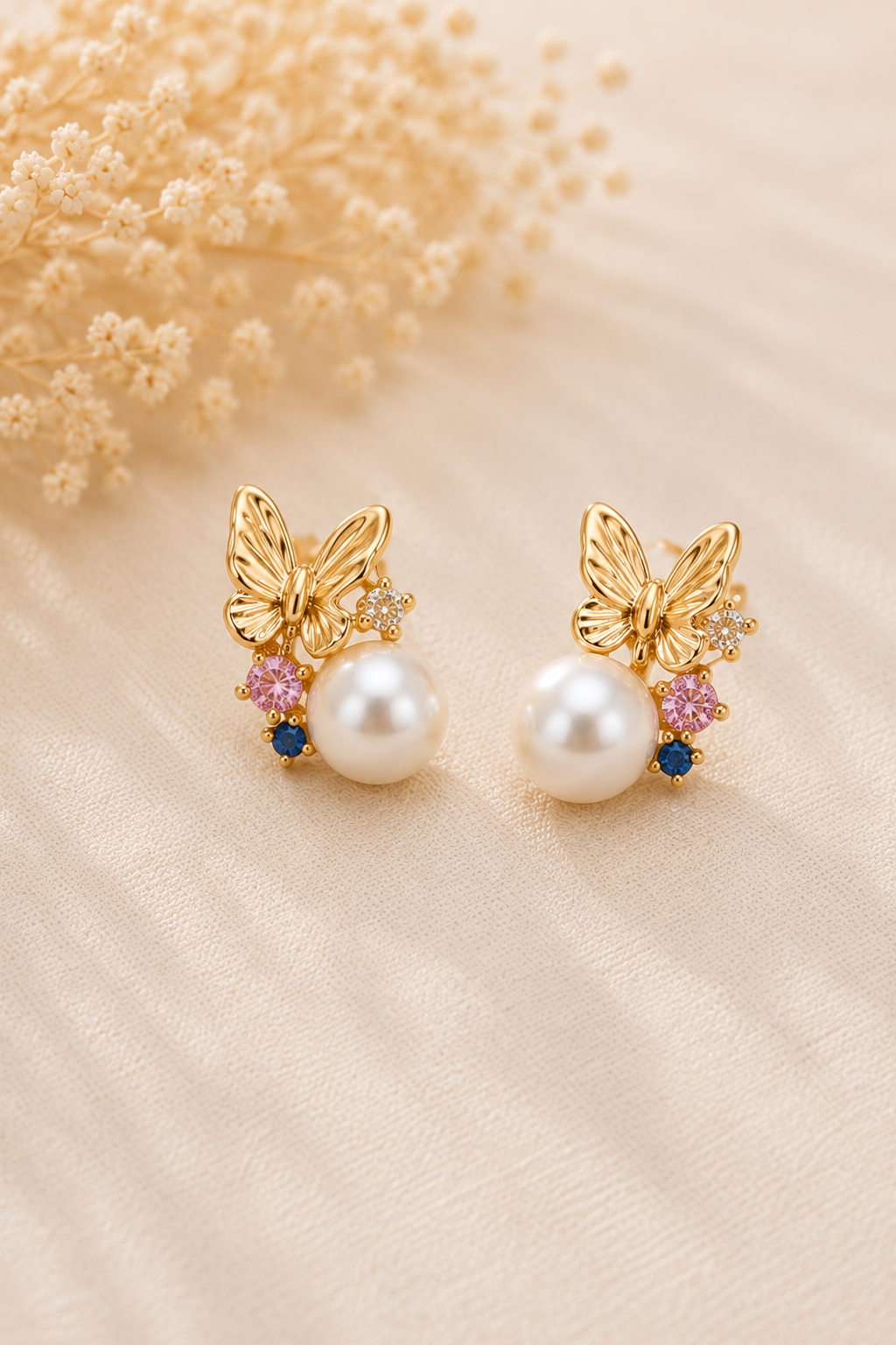 Butterfly Pearl Bloom Earrings, openwork butterfly studs with pearl and crystal accents