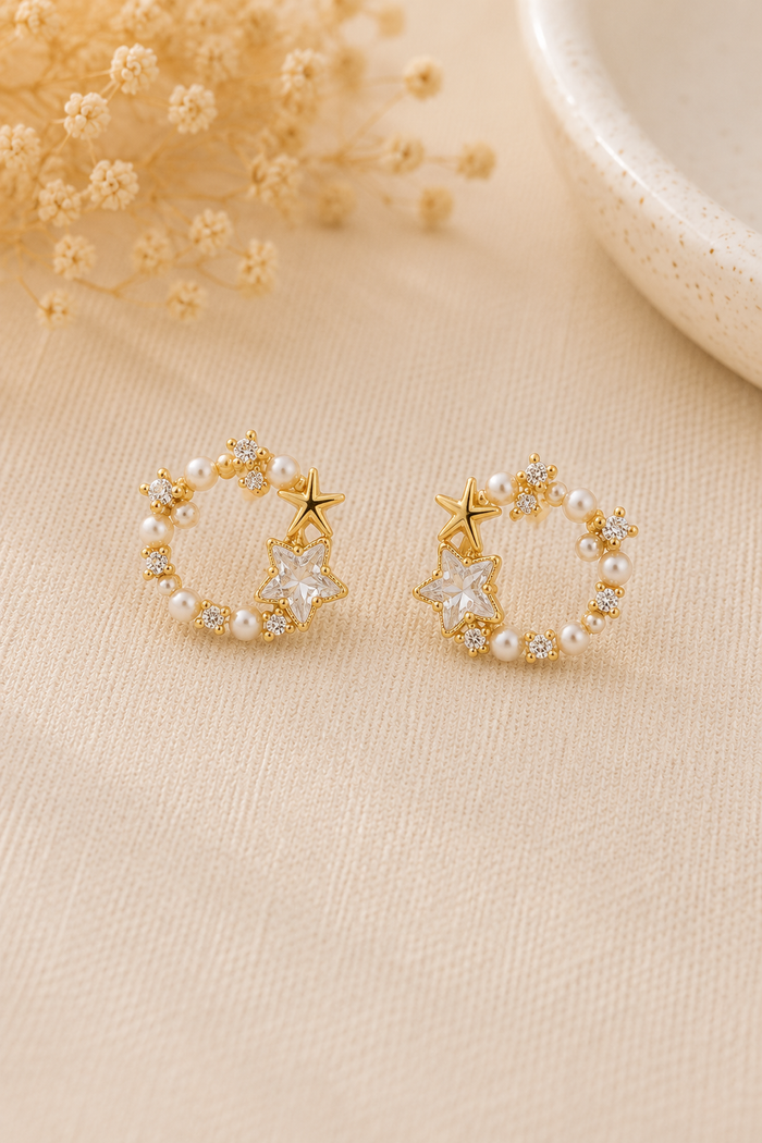 Celestial Pearl Star Earrings, open circle of pearls and crystals with a star motif