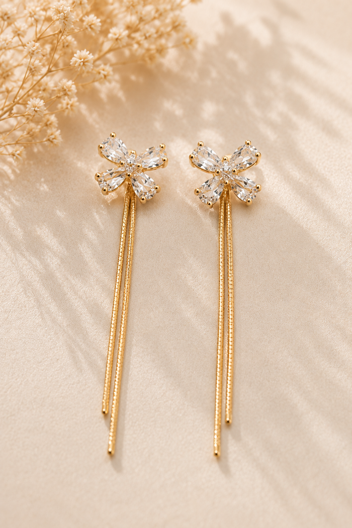 Crystal Bloom Earrings, crystal butterfly threaders with adjustable gold-tone chain