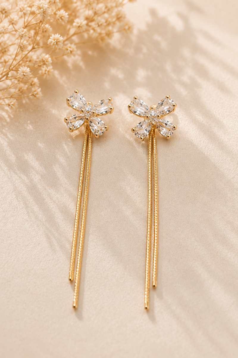 Crystal Bloom Earrings, crystal butterfly threaders with adjustable gold-tone chain