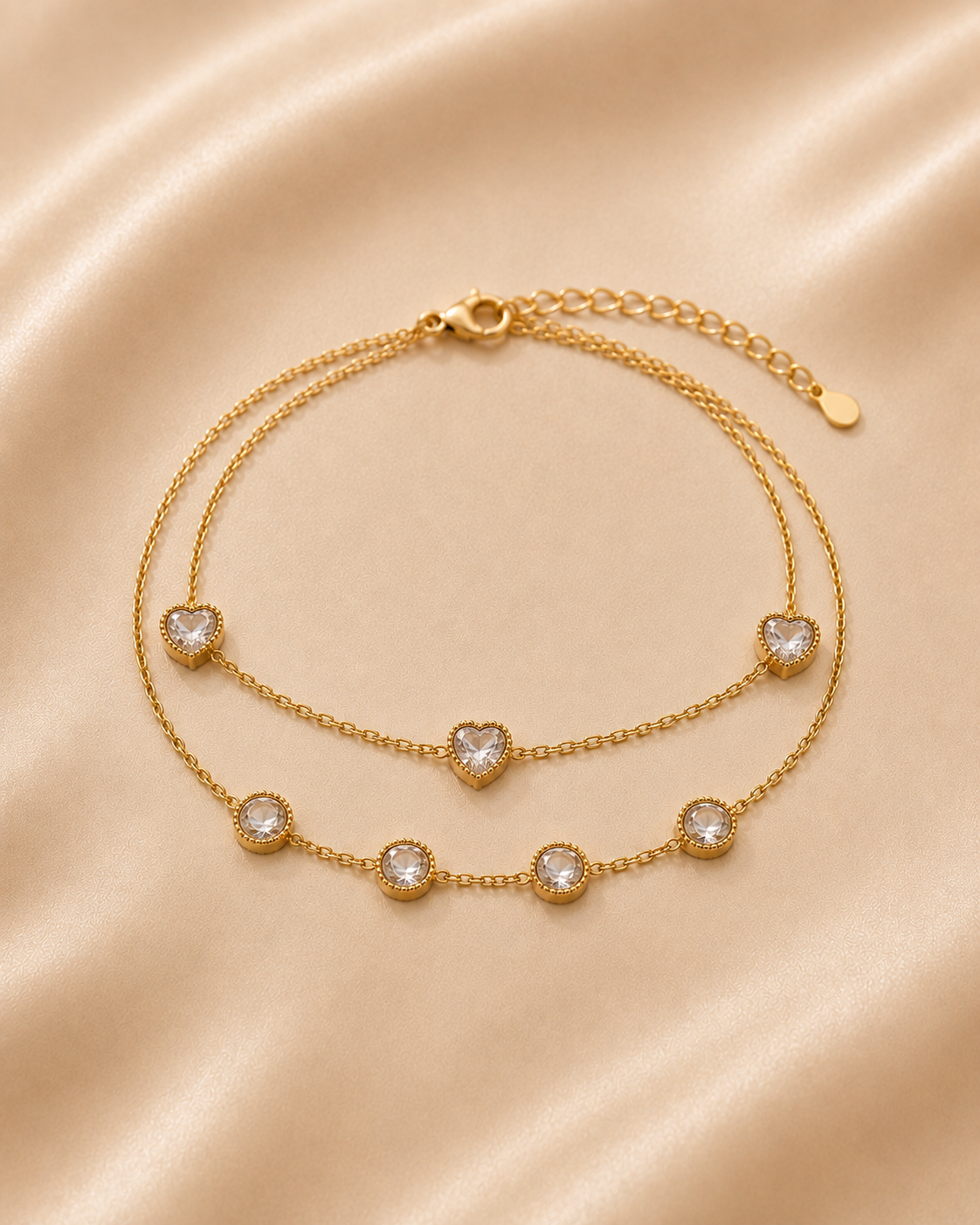 Double Chain Gold Crystal Bracelet, crystal hearts and round stones on gold-tone chains