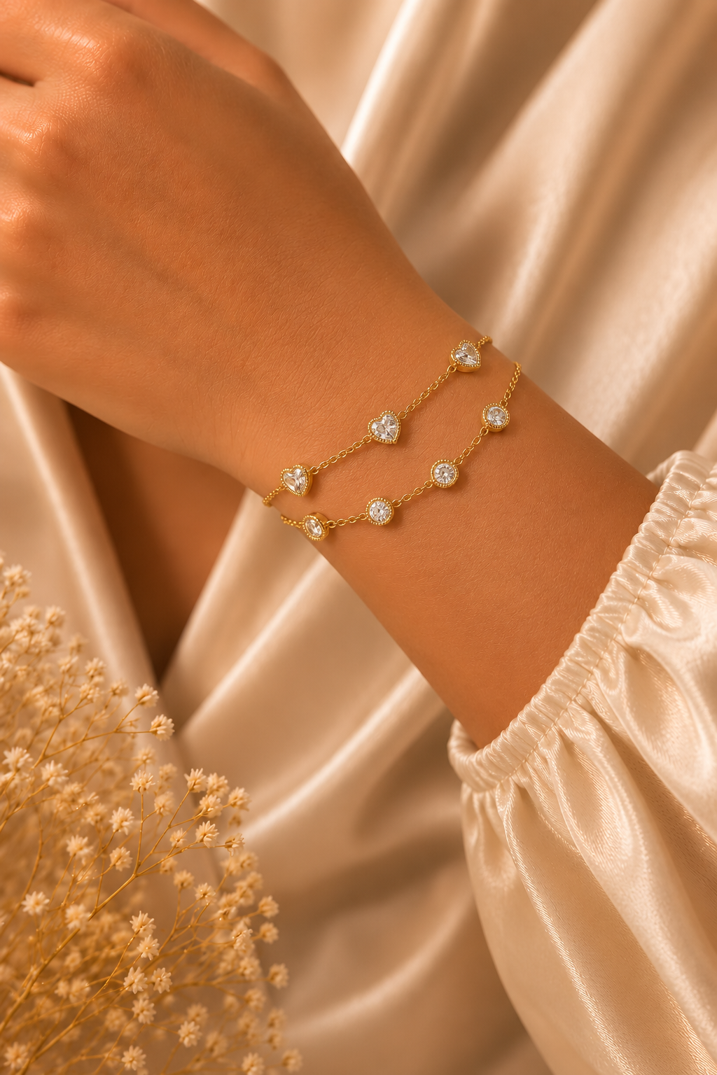 Double Chain Gold Crystal Bracelet worn on the wrist, two fine chains set with crystal hearts