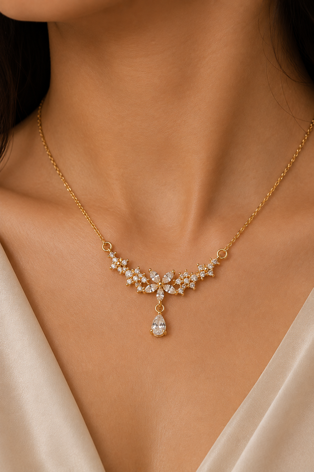 Floral Teardrop Pendant worn at the neck, crystal flower cluster with a teardrop below