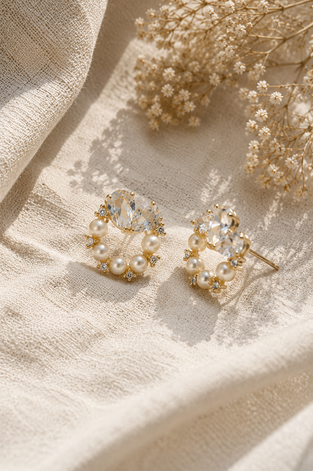 Golden Pearl Wreath Earrings shown close up