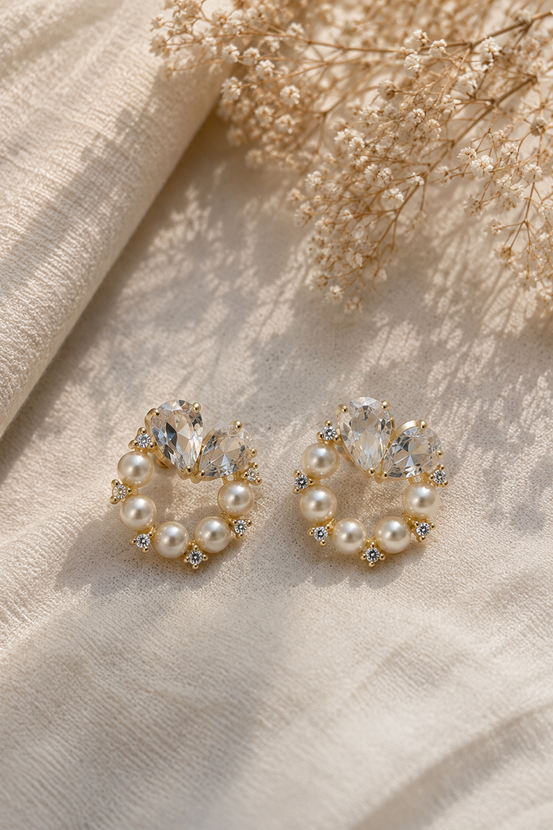 Golden Pearl Wreath Earrings, pearl and crystal heart wreath studs in gold-tone stainless steel