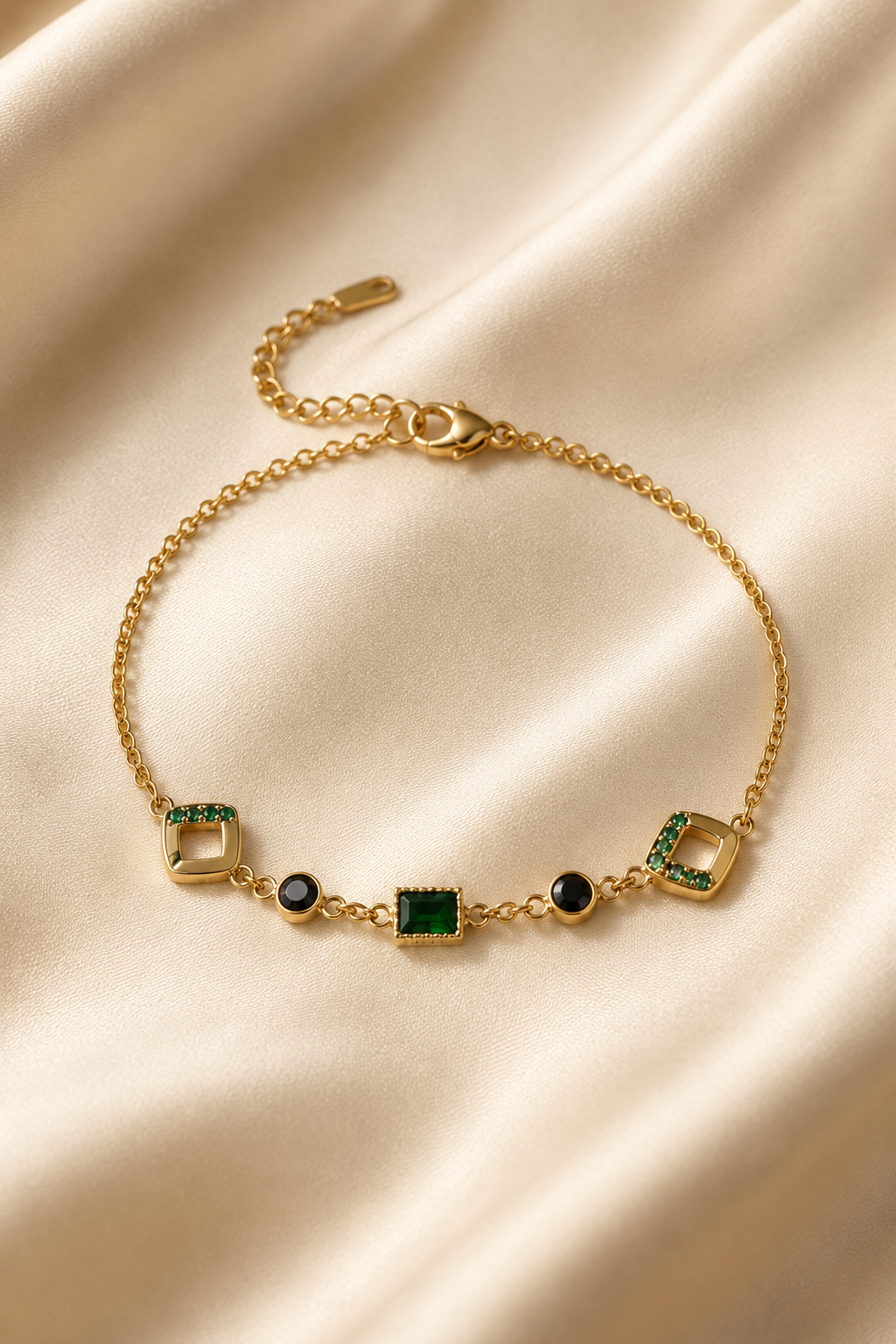 Green Stone Station Bracelet laid flat showing the clasp and extender
