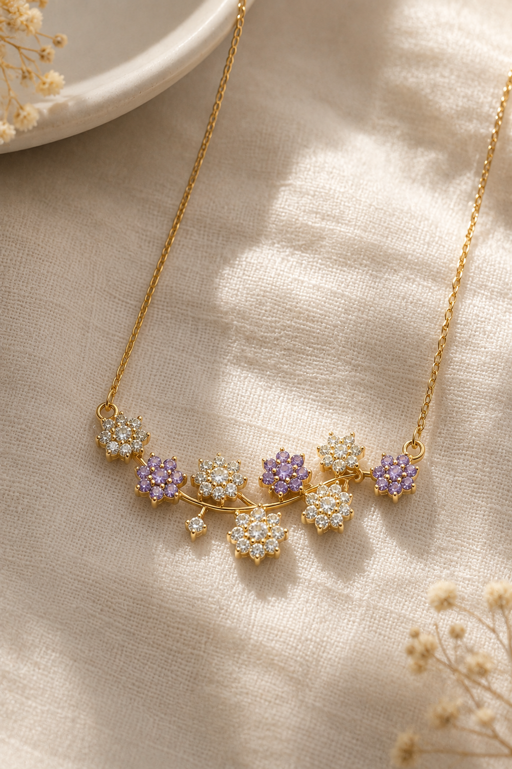 Lavender Bloom Necklace shown close up on fabric