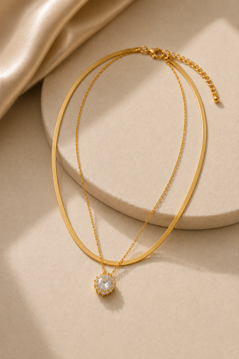 Layered Crystal Pendant shown flat with both chains visible