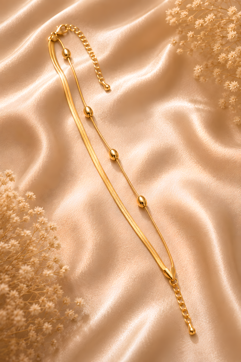 Gold Layered Chain Bracelet, flat herringbone and beaded chains joined as one piece